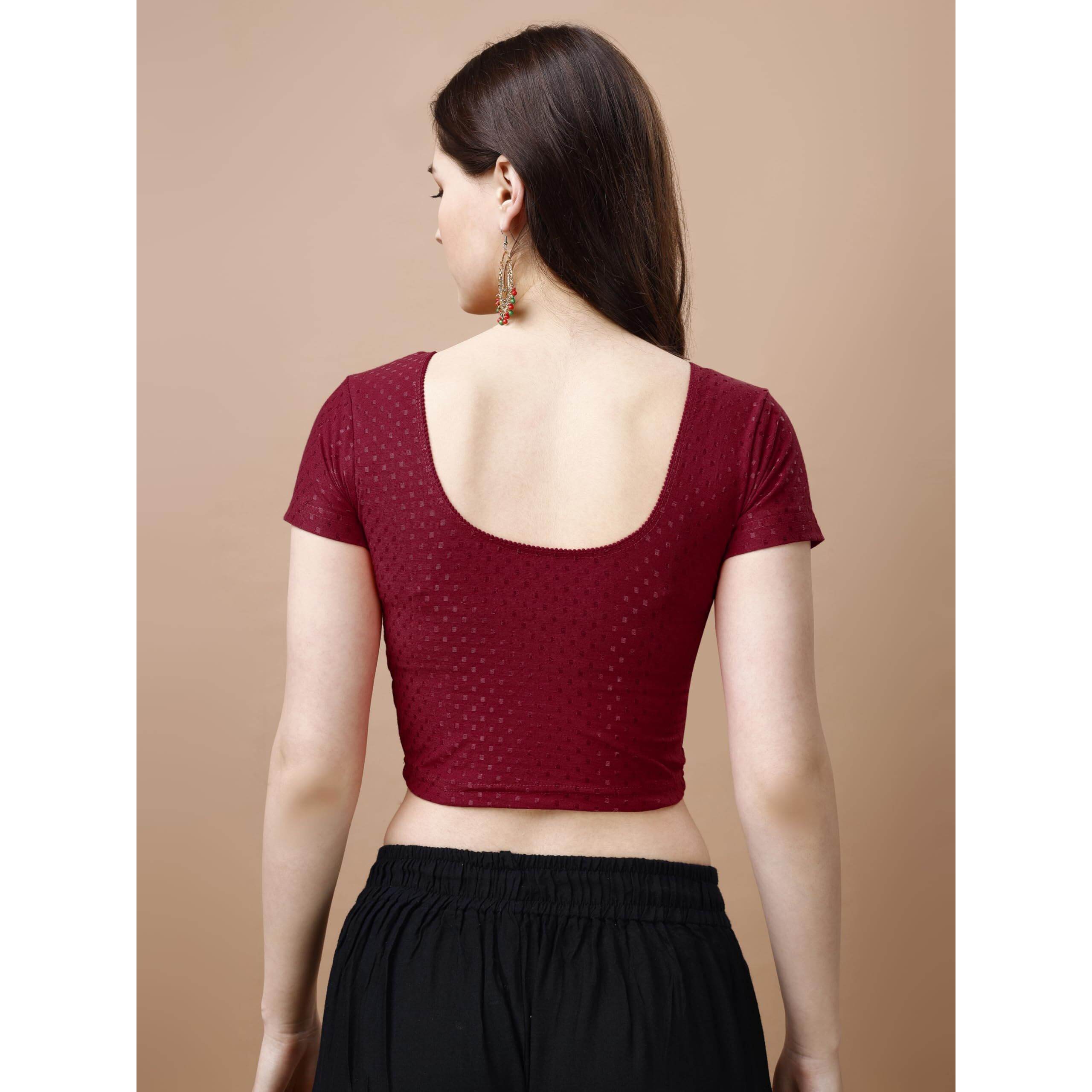 Pujia Mills Women's Readymade Dobby Cotton Lycra Stretchable Round Neck Short Sleeve Blouse Fancy Maroon Color Lycra Stretchable Blouse for Women Stylish Readymade Saree Blouse