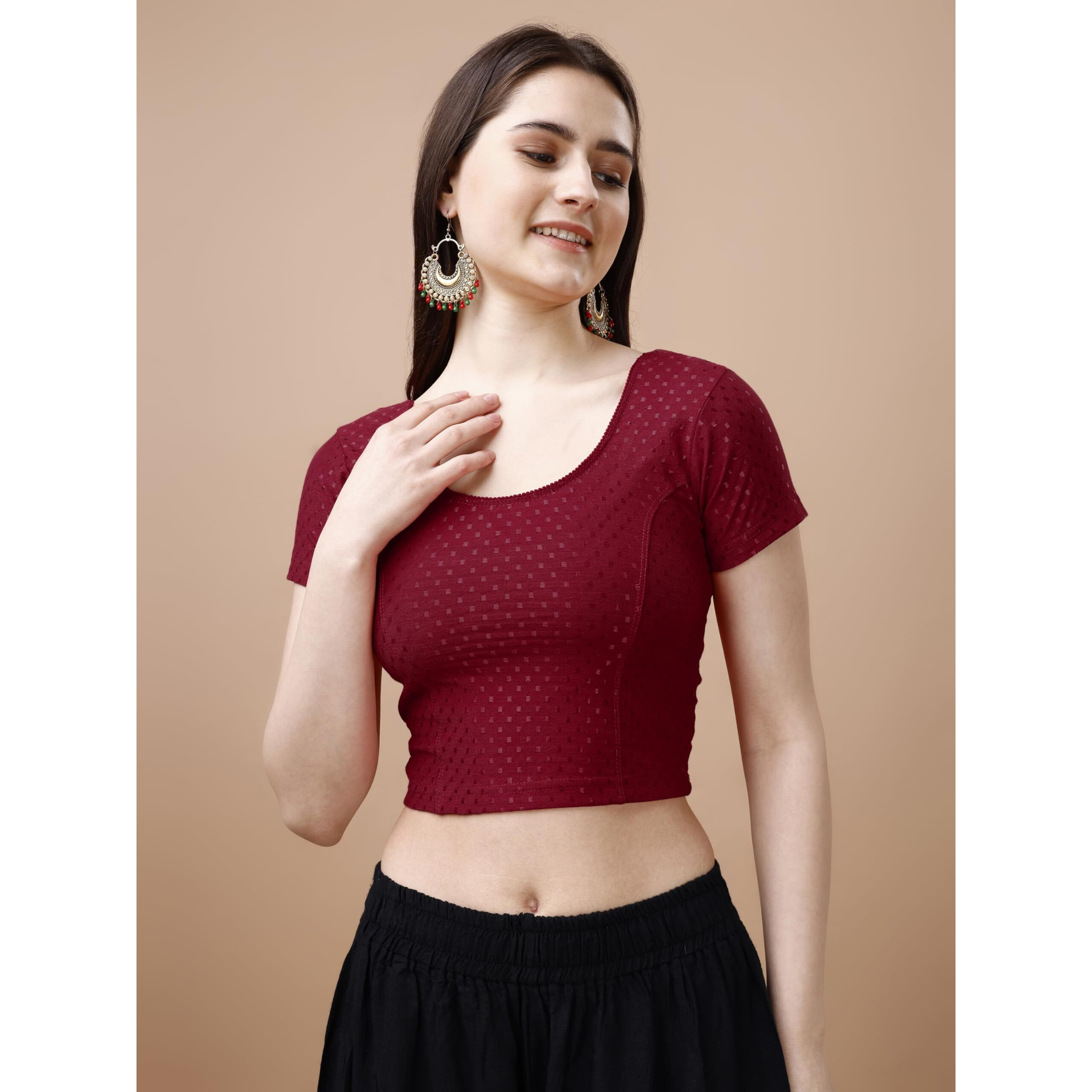 Pujia Mills Women's Readymade Dobby Cotton Lycra Stretchable Round Neck Short Sleeve Blouse Fancy Maroon Color Lycra Stretchable Blouse for Women Stylish Readymade Saree Blouse