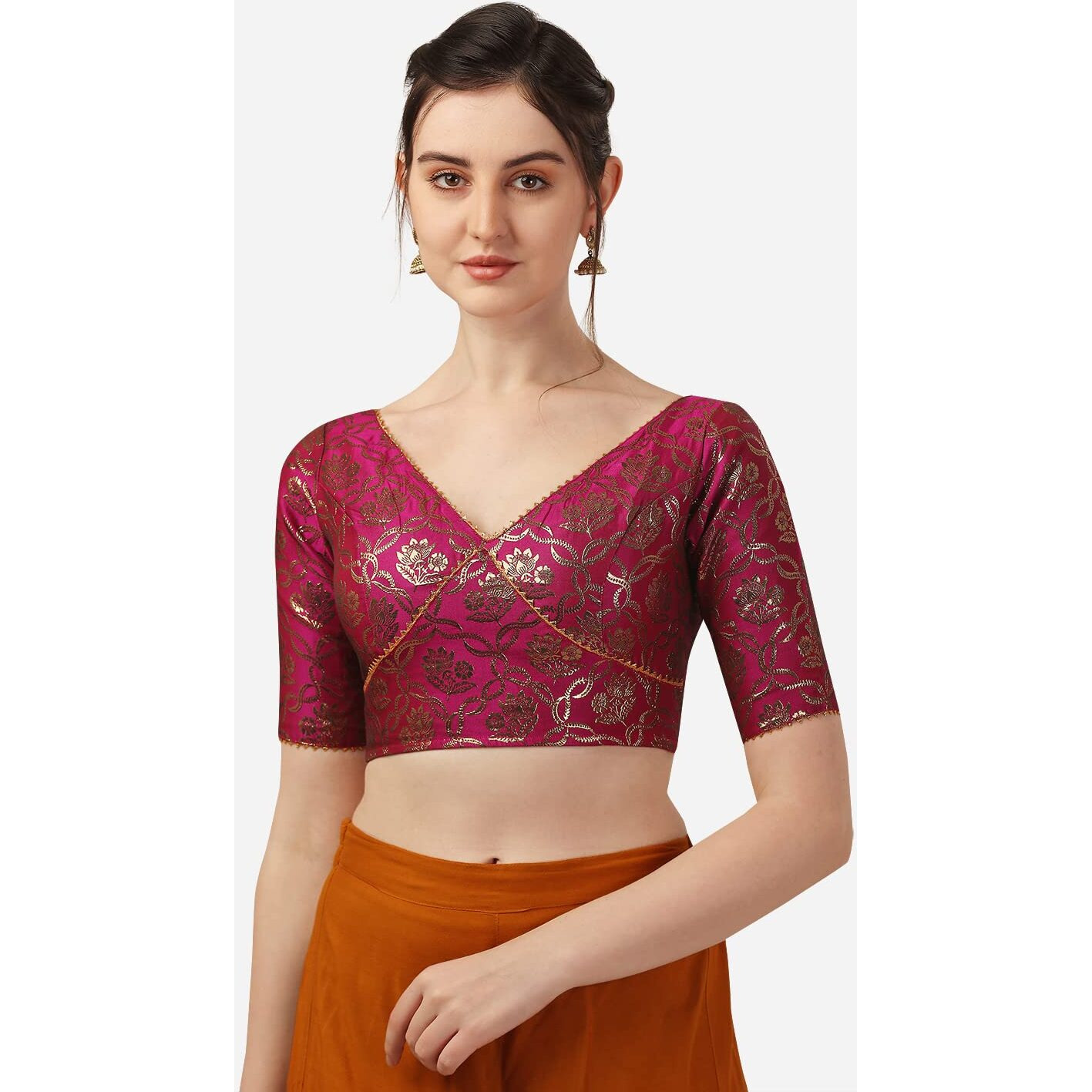 OOMPH Women's Art Silk Short Sleeve Regular Blouse (rbbl292_Magenta Pink M)