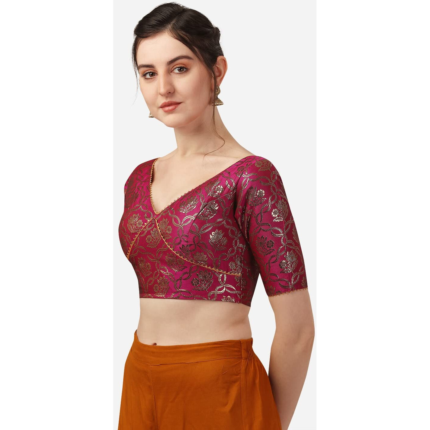 OOMPH Women's Art Silk Short Sleeve Regular Blouse (rbbl292_Magenta Pink M)