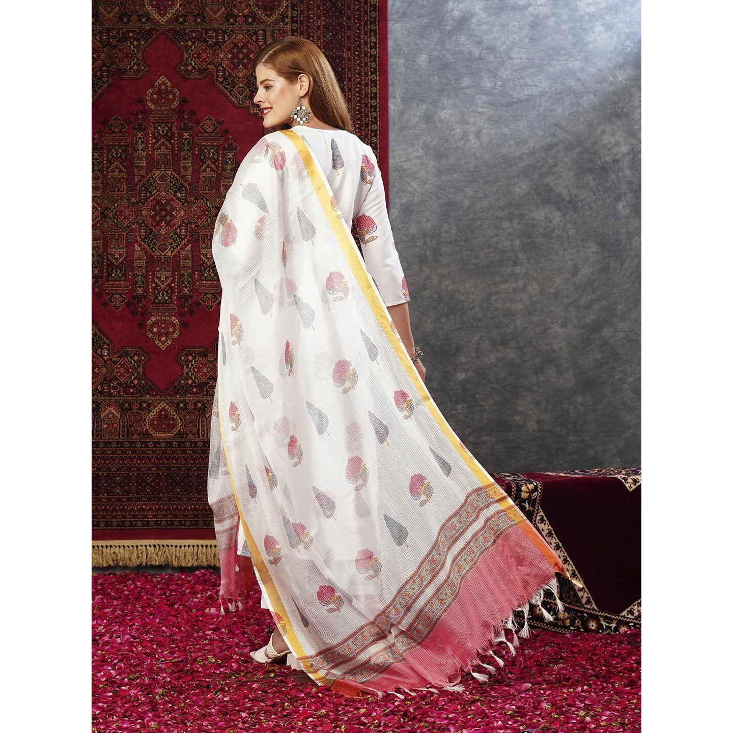 GoSriKi Women's Cotton Blend Straight Printed Kurta with Pant & Dupatta (Nairiti White-JL-GS_M_White_Medium)