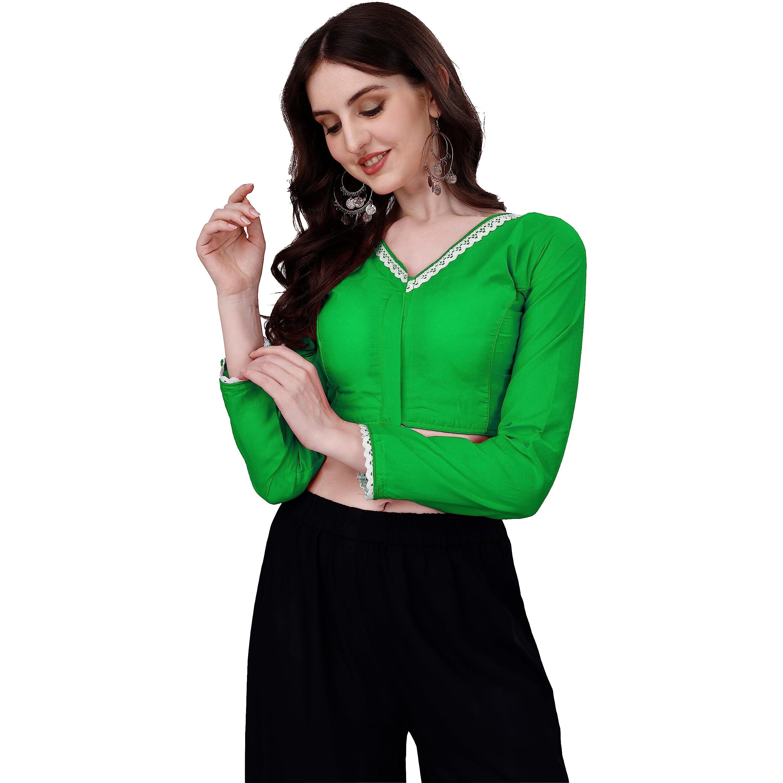 Vihu Fashion Women's Satin Silk V Neck Full Sleeve Stylish Saree Blouse Green(Tanya 3 Green)