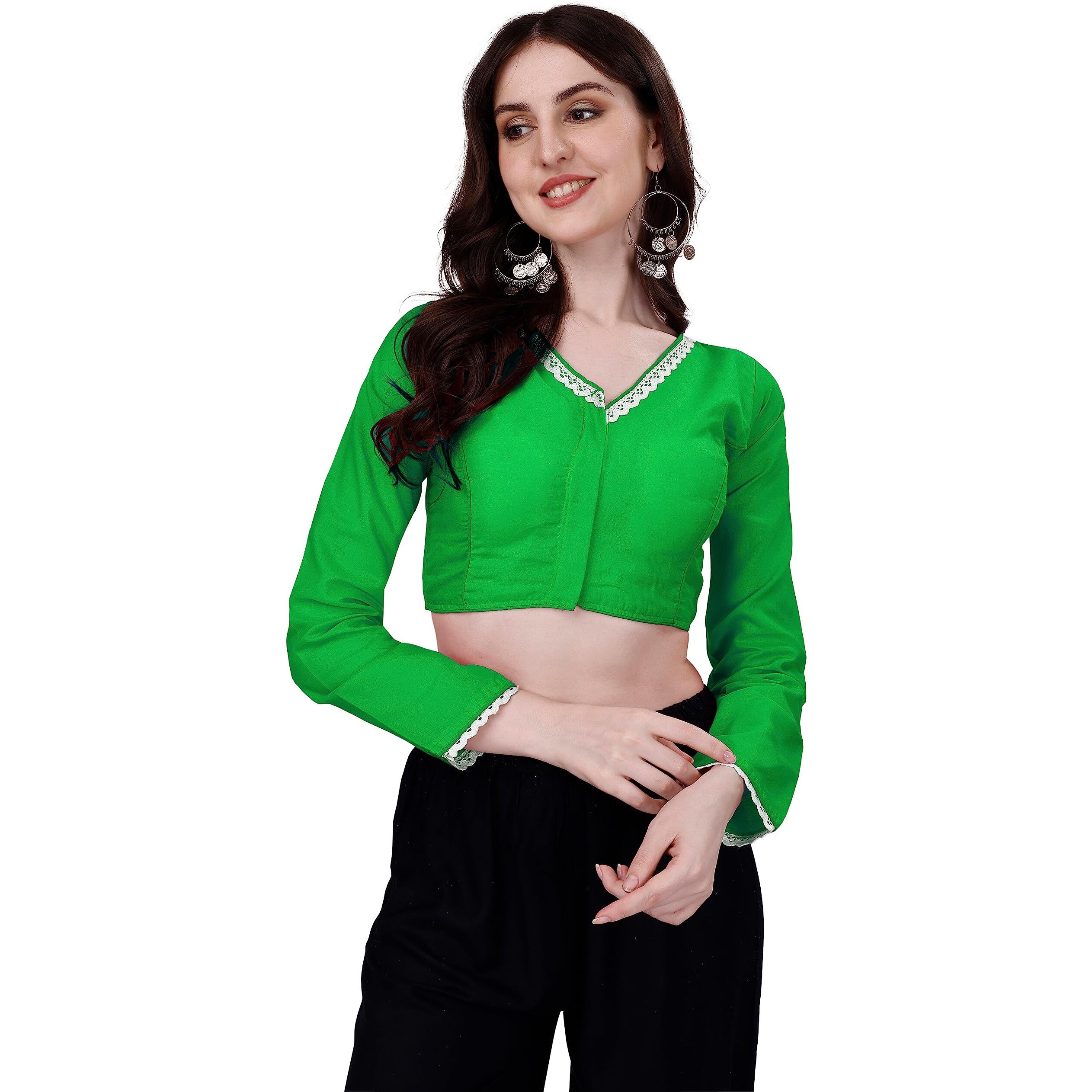 Vihu Fashion Women's Satin Silk V Neck Full Sleeve Stylish Saree Blouse Green(Tanya 3 Green)