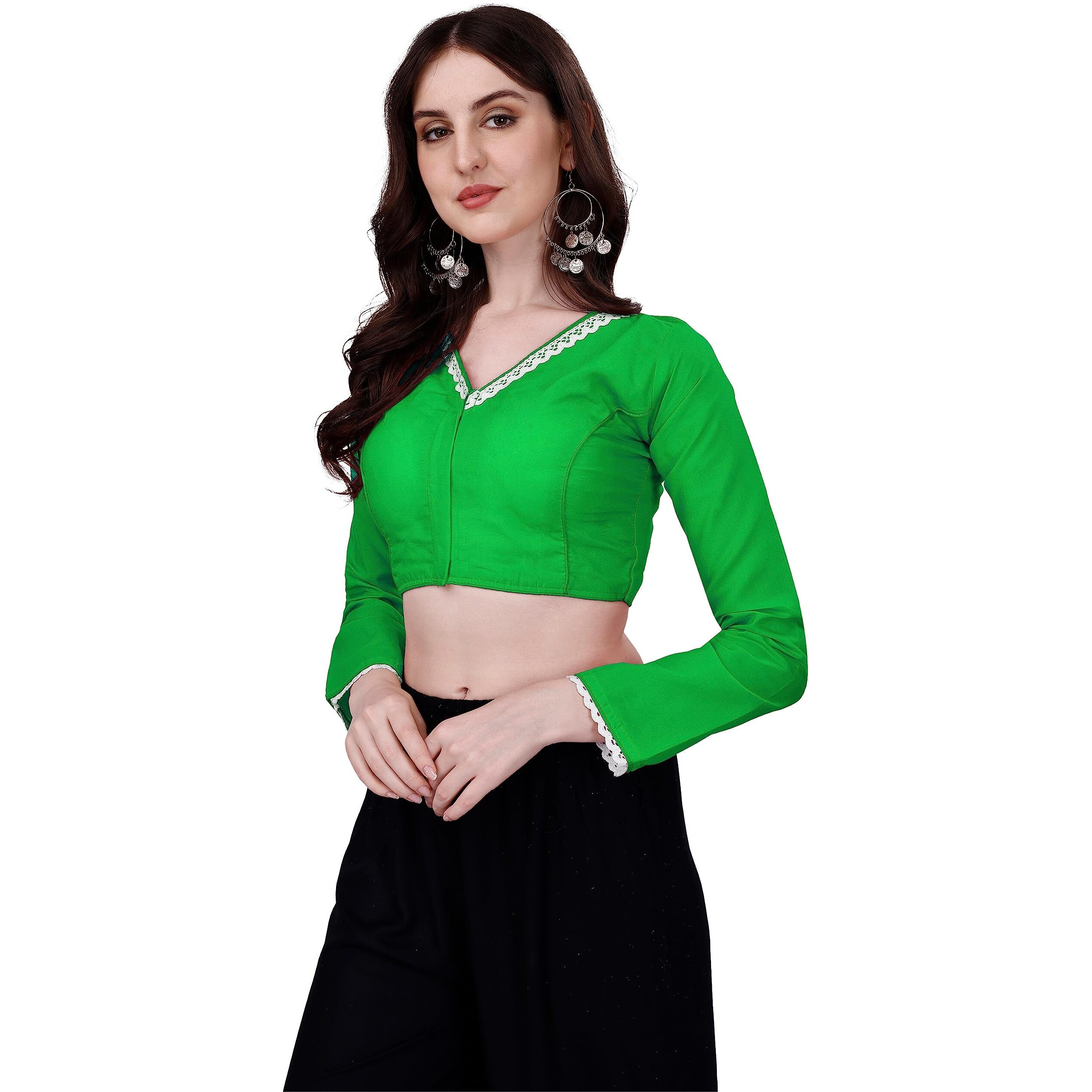 Vihu Fashion Women's Satin Silk V Neck Full Sleeve Stylish Saree Blouse Green(Tanya 3 Green)