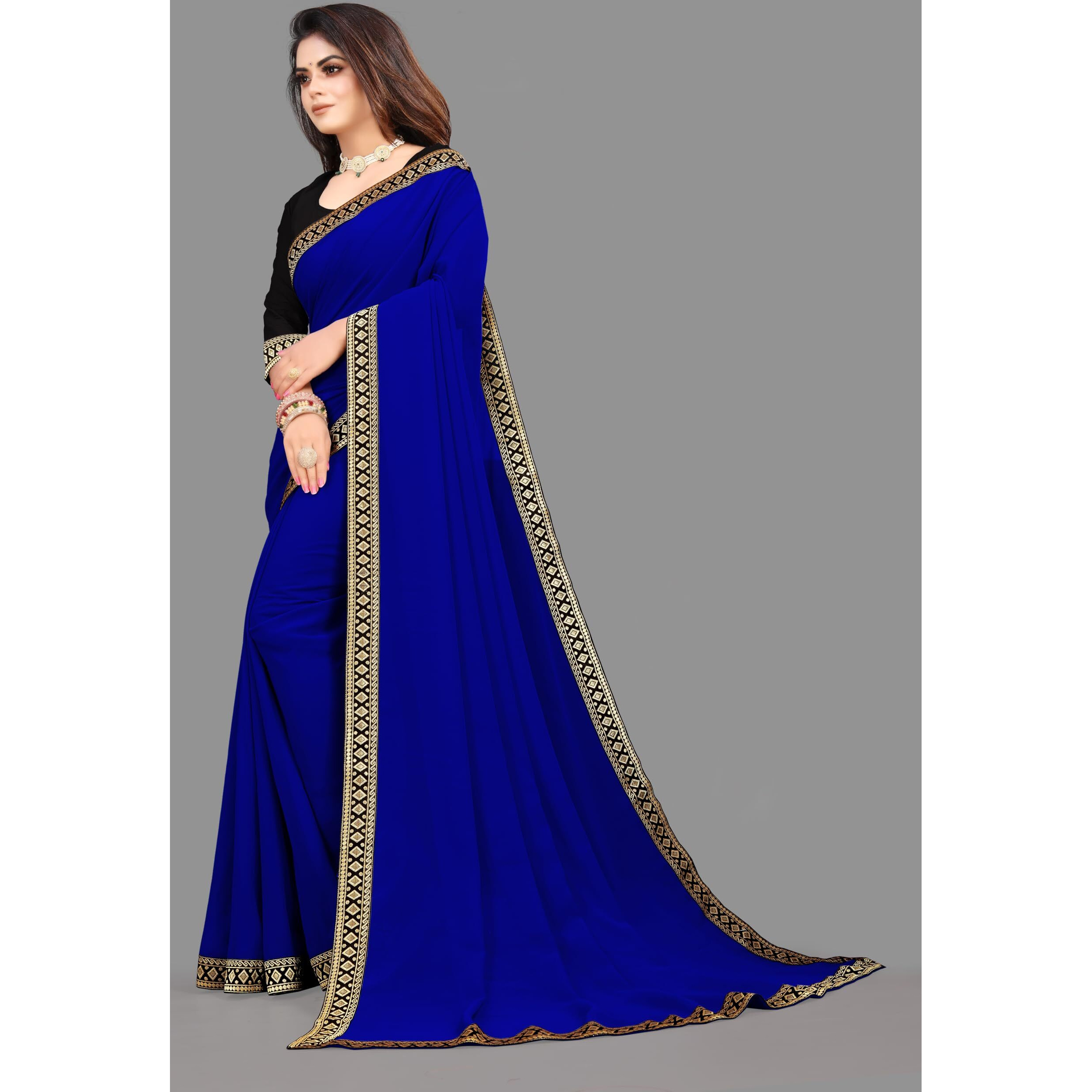 SUKETA Solid Square Dot Design Lace Border Royal Blue Soft Georgette Saree With Cotton Blouse