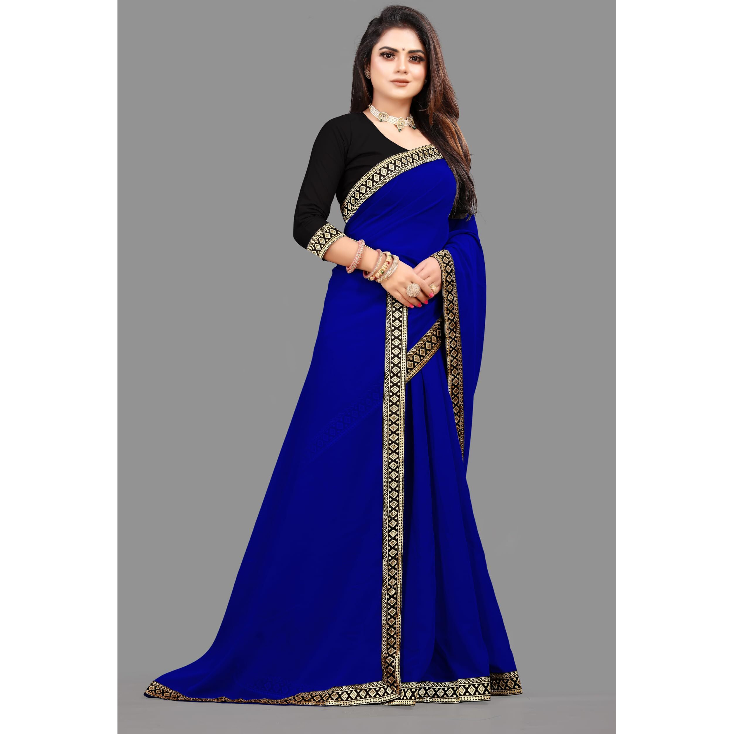 SUKETA Solid Square Dot Design Lace Border Royal Blue Soft Georgette Saree With Cotton Blouse