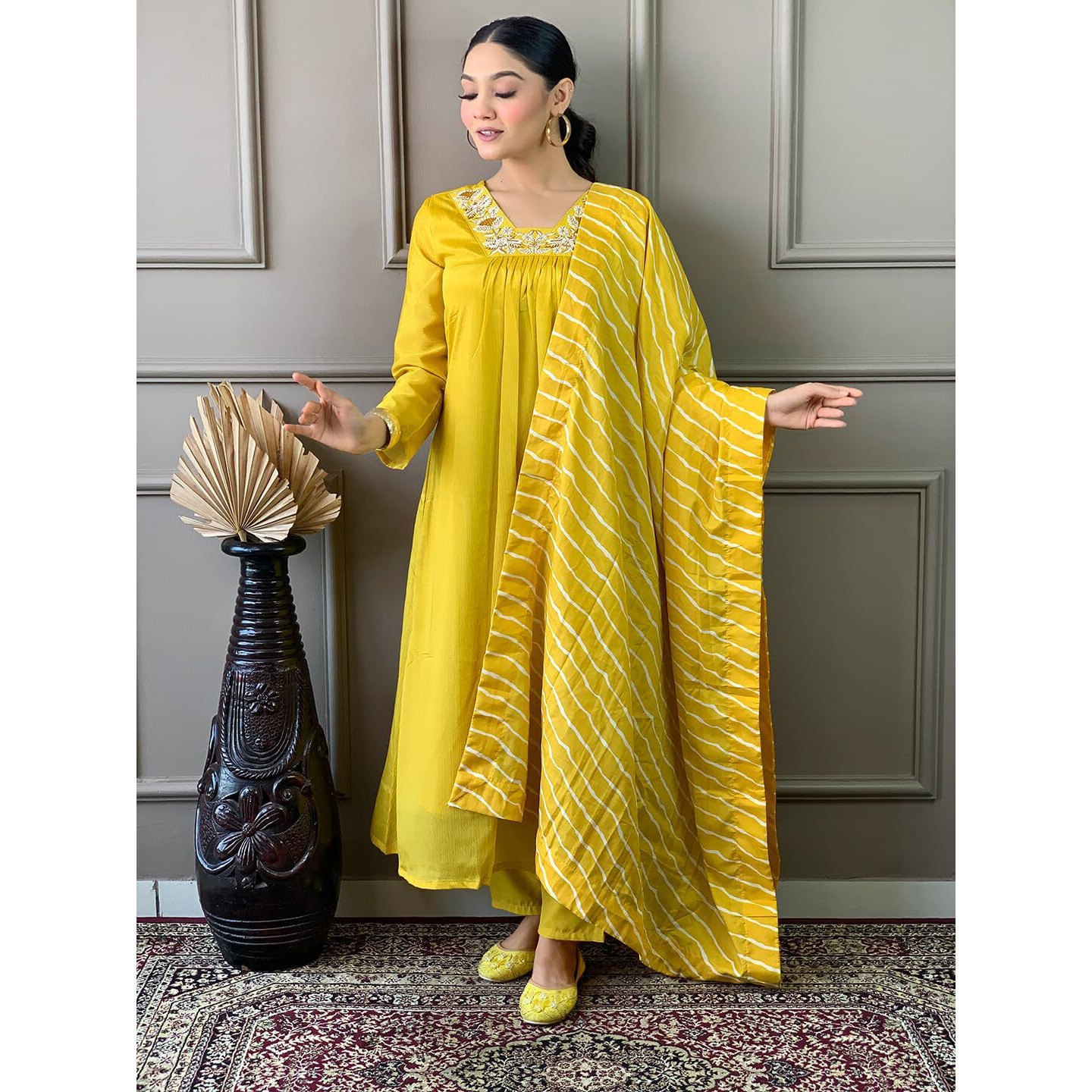 Naixa Women's Yellow Chinon Silk Embroidered A-line Kurta with Silk Blend Pant and Chinon Printed Dupatta Sets (NK-452-Yellow-XXL)