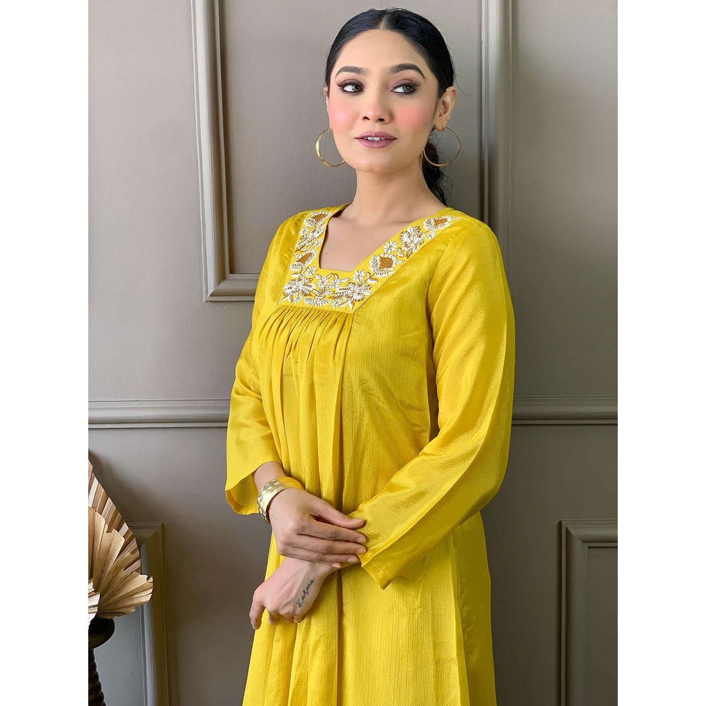 Naixa Women's Yellow Chinon Silk Embroidered A-line Kurta with Silk Blend Pant and Chinon Printed Dupatta Sets (NK-452-Yellow-XXL)