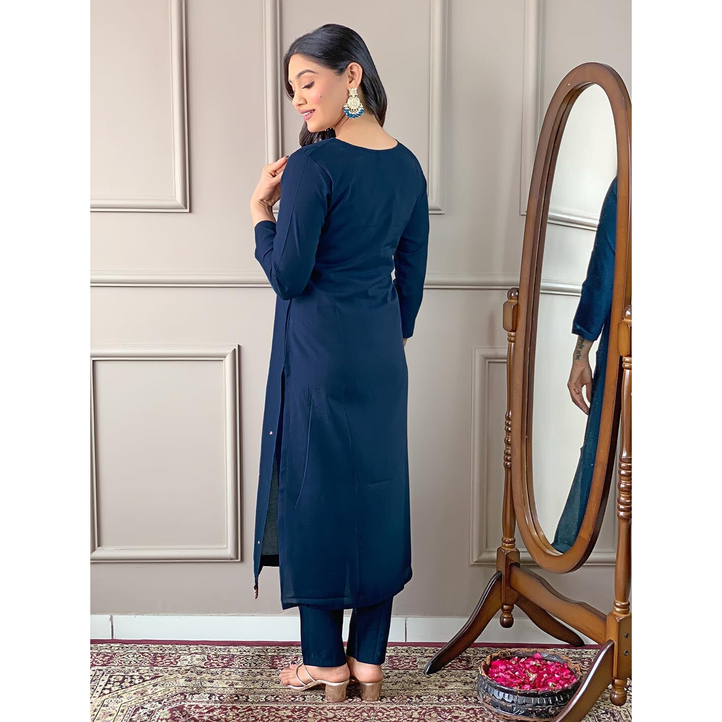 Naixa Women's Navy Viscose Silk Blend Embroidered Straight Kurta with Viscose Silk Blend Pant and Jaquard Laced Dupatta Sets (NX-451-Navy-L)