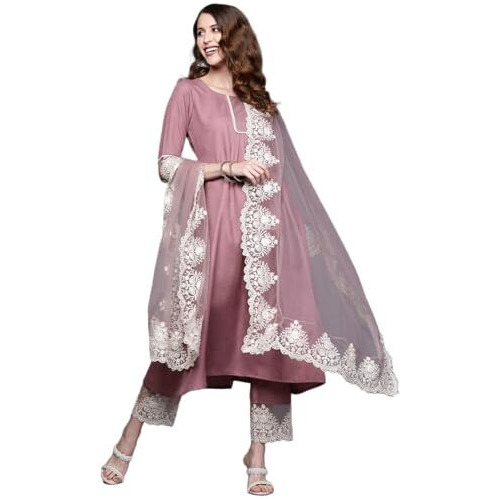 Alvami Women Emboridered Anarkali Kurta and Pant Set with Dupatta (XL) Pink