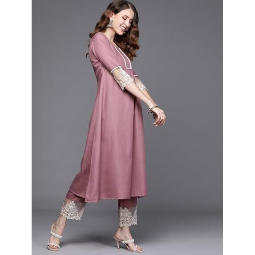 Alvami Women Emboridered Anarkali Kurta and Pant Set with Dupatta (XL) Pink