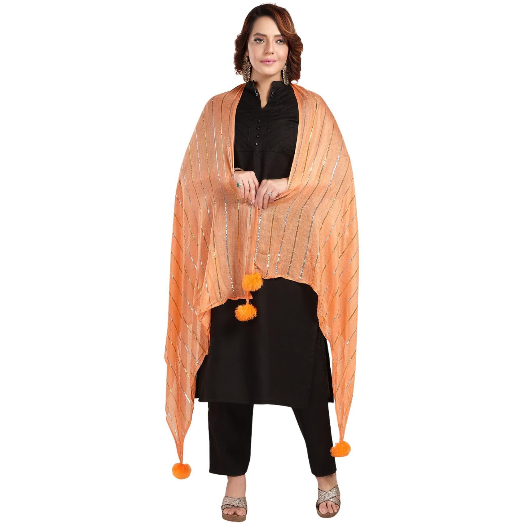 Fabme Shimmer Embellished Soft Cotton Dupatta - Orange