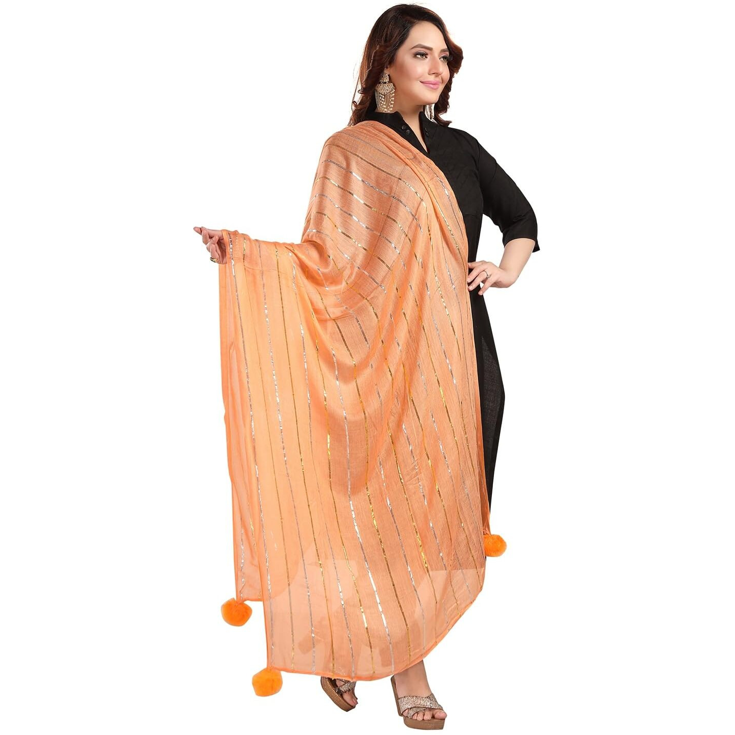 Fabme Shimmer Embellished Soft Cotton Dupatta - Orange