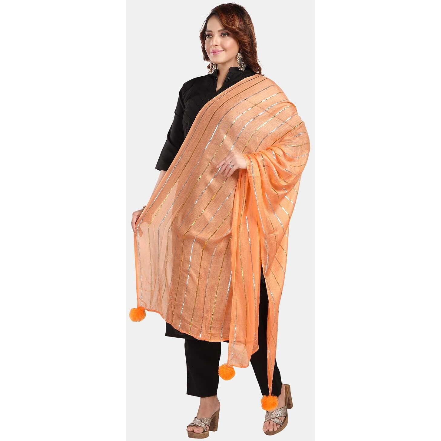 Fabme Shimmer Embellished Soft Cotton Dupatta - Orange