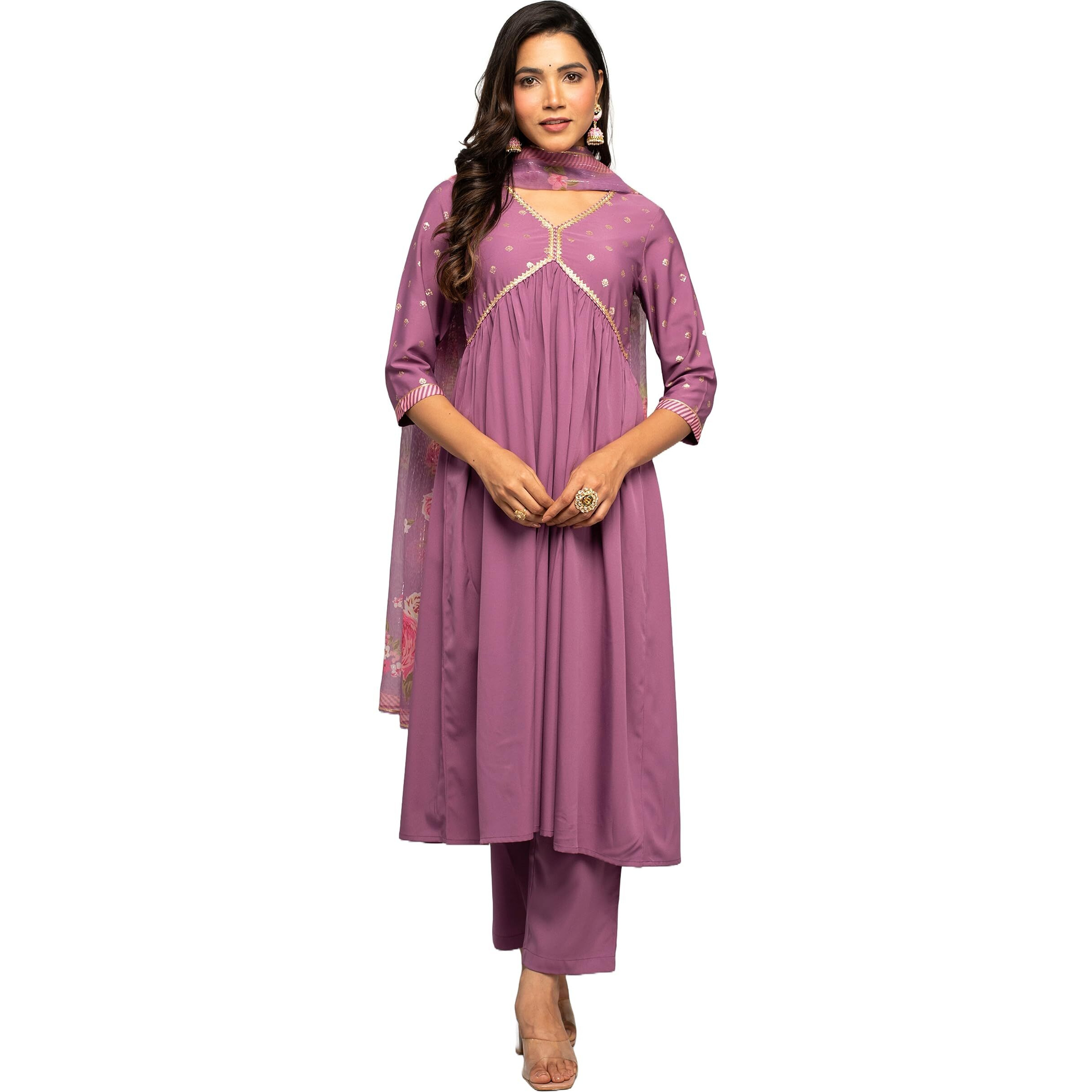 FIORRA Women's Lavender Crepe A-line Kurta with Pant and Dupatta SET0107