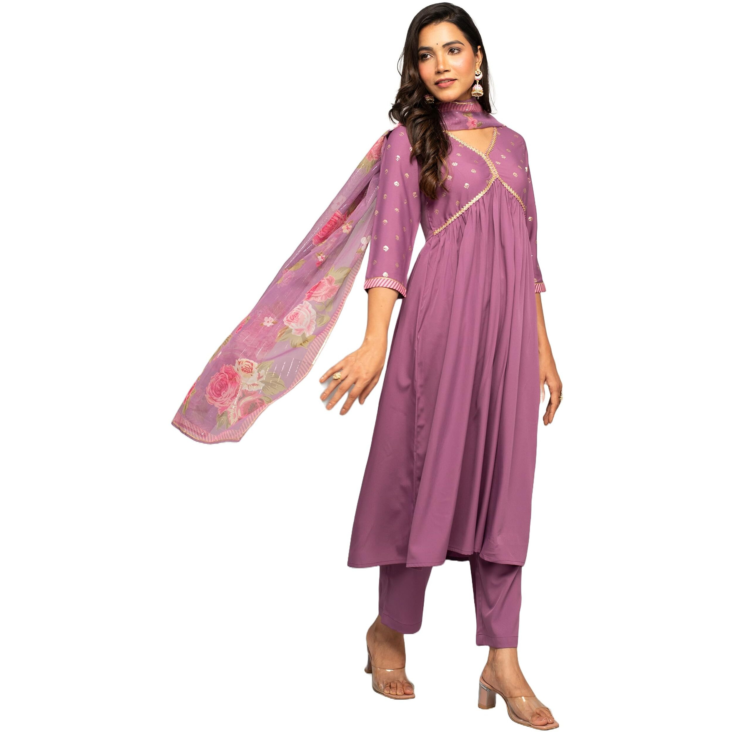 FIORRA Women's Lavender Crepe A-line Kurta with Pant and Dupatta SET0107