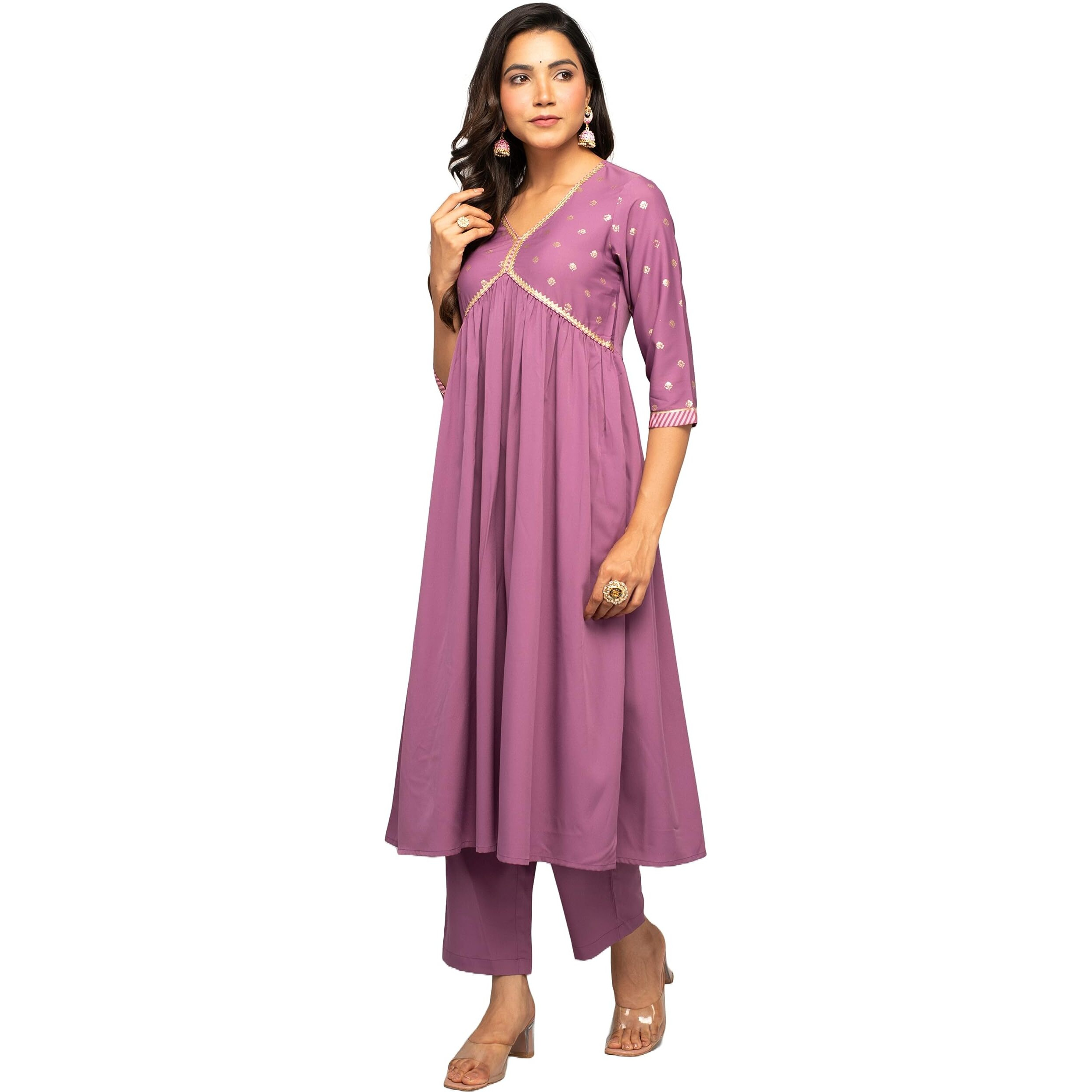 FIORRA Women's Lavender Crepe A-line Kurta with Pant and Dupatta SET0107