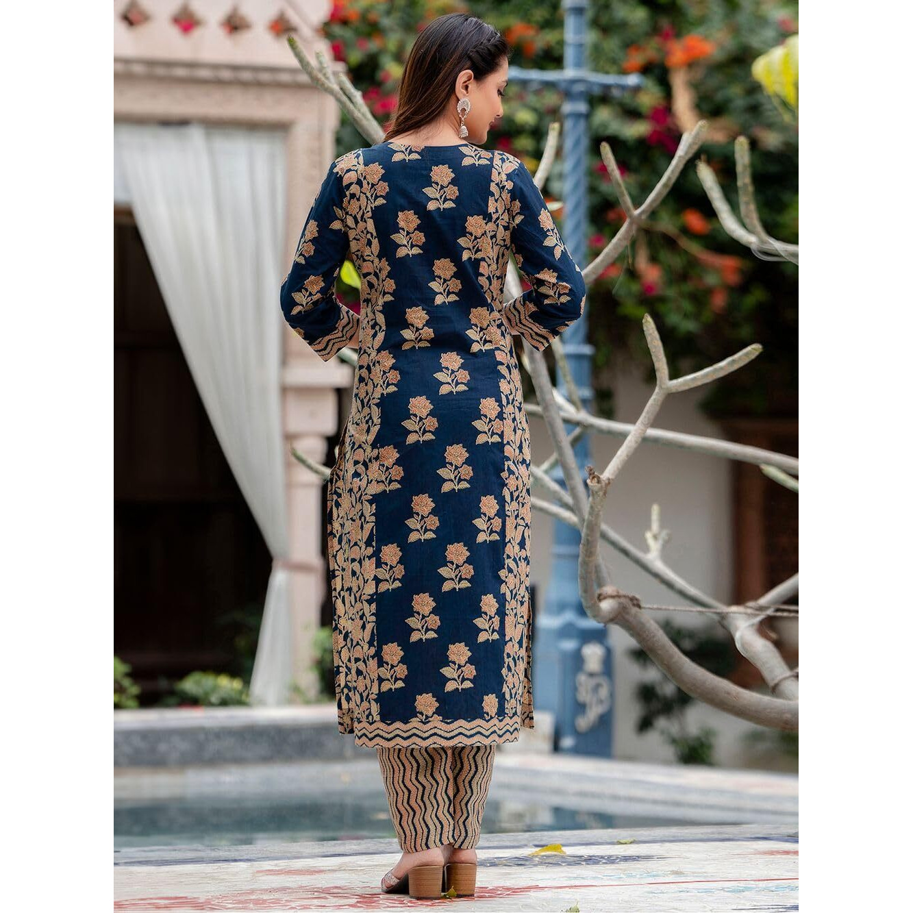 GoSriKi Women's Rayon Blend Straight Printed Kurta with Pant & Dupatta (ALAYA NAVY BLUE-GS_L_Navy Blue_Large)
