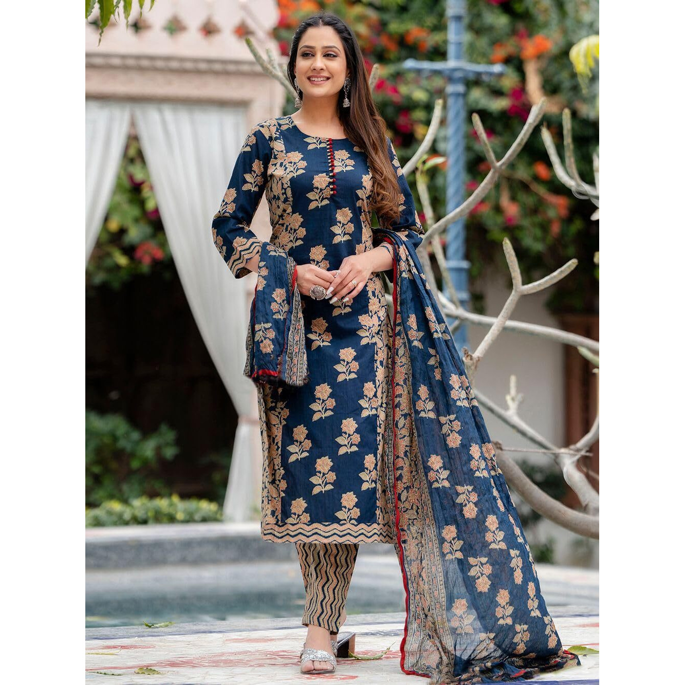 GoSriKi Women's Rayon Blend Straight Printed Kurta with Pant & Dupatta (ALAYA NAVY BLUE-GS_L_Navy Blue_Large)
