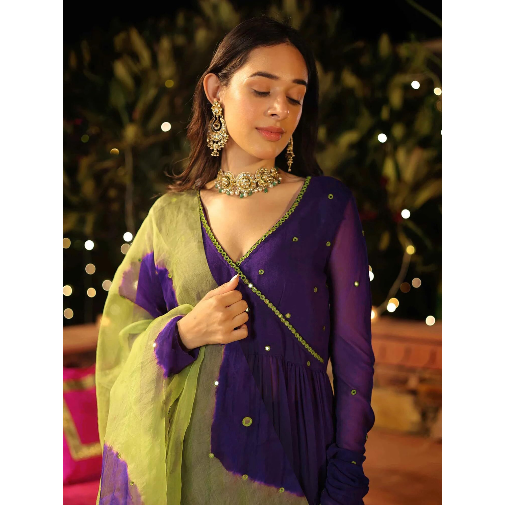 SheWill Women's Purple Silk Blend Embroidered Flared Kurta Set with Trousers & Digital Organza Dupatta