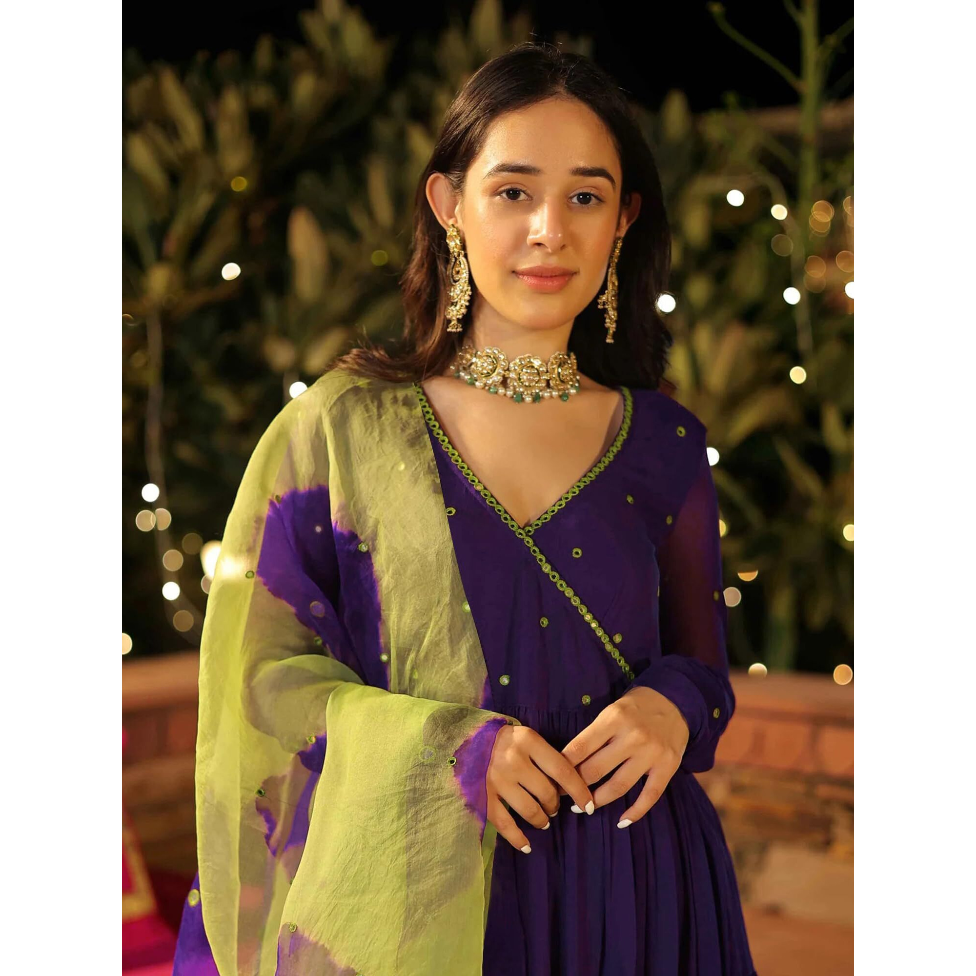 SheWill Women's Purple Silk Blend Embroidered Flared Kurta Set with Trousers & Digital Organza Dupatta