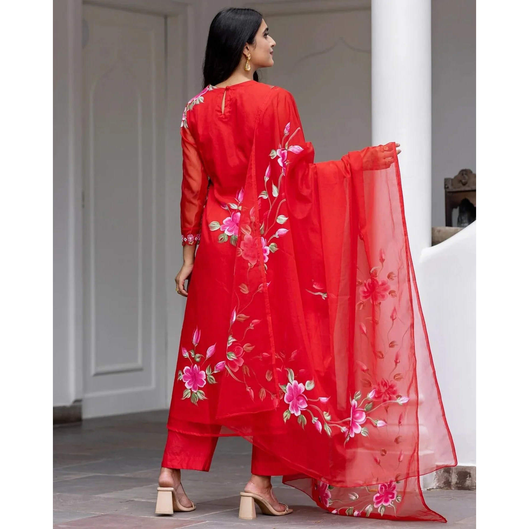 ANNI DESIGNER Women's Chanderi Cotton Straight Printed Kurta with Pant & Dupatta (Guni Red_M_Red_Medium)