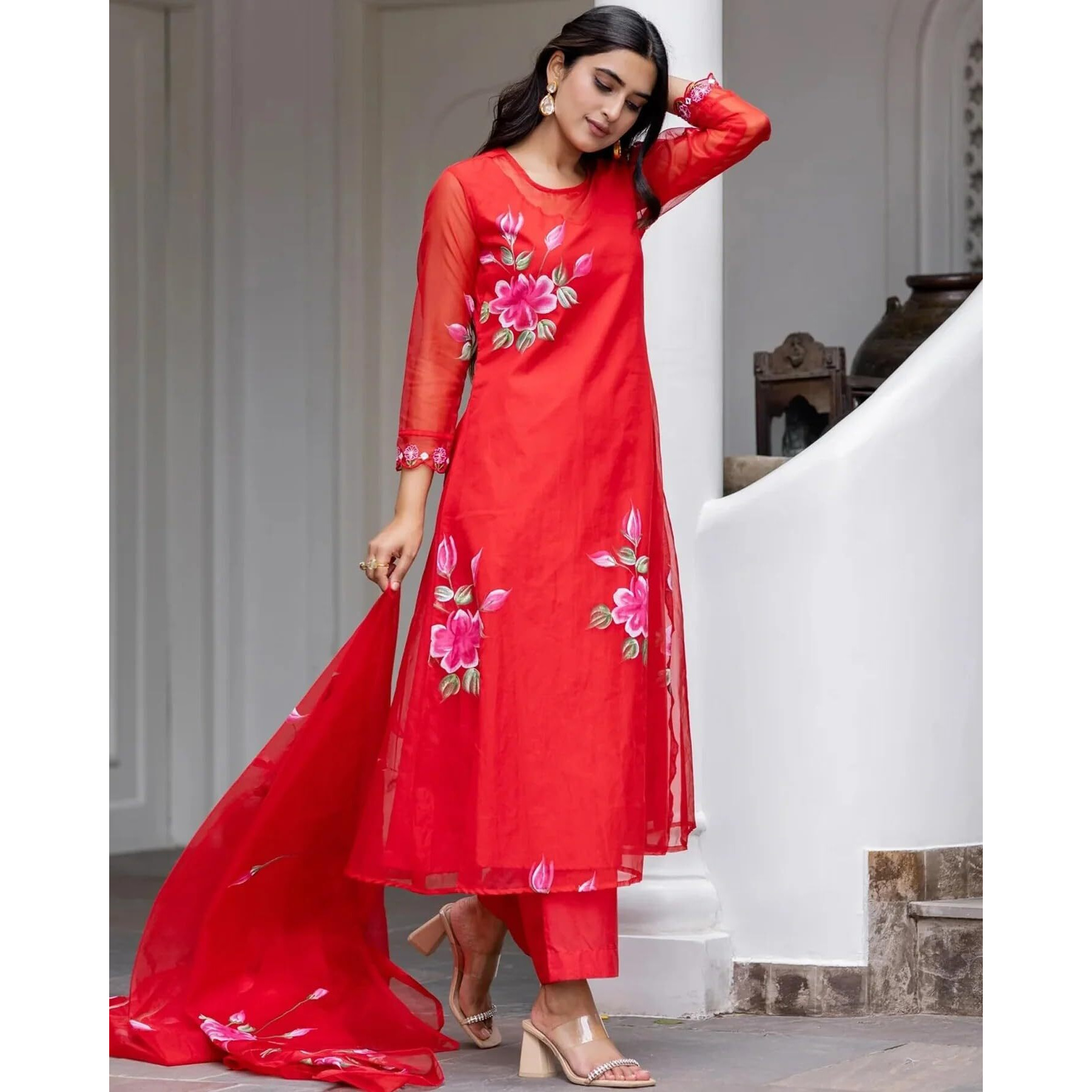 ANNI DESIGNER Women's Chanderi Cotton Straight Printed Kurta with Pant & Dupatta (Guni Red_M_Red_Medium)
