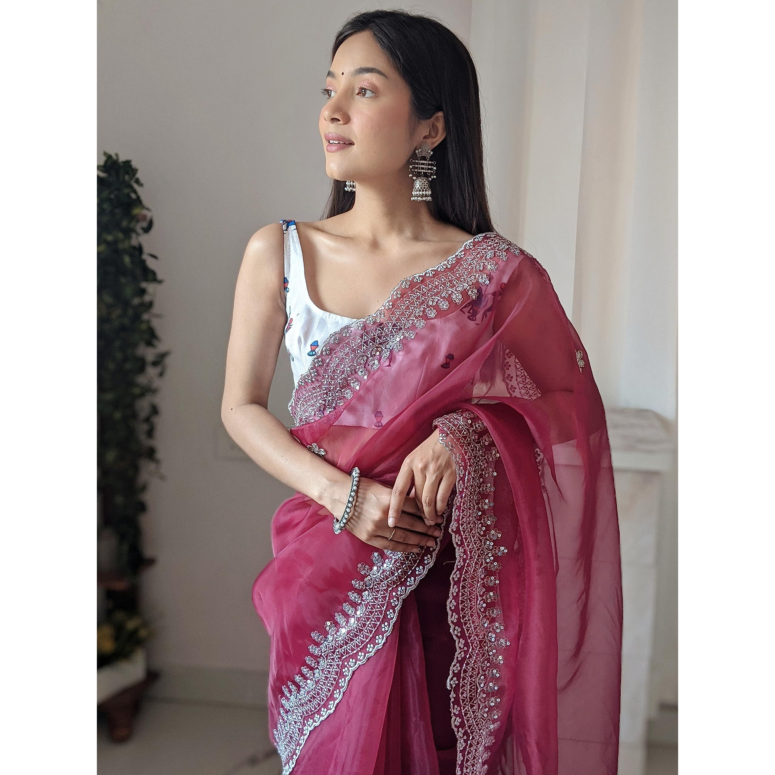 Flosive Women's Attractive Colour Organza Saree Handwork With Blouse (MAROON)