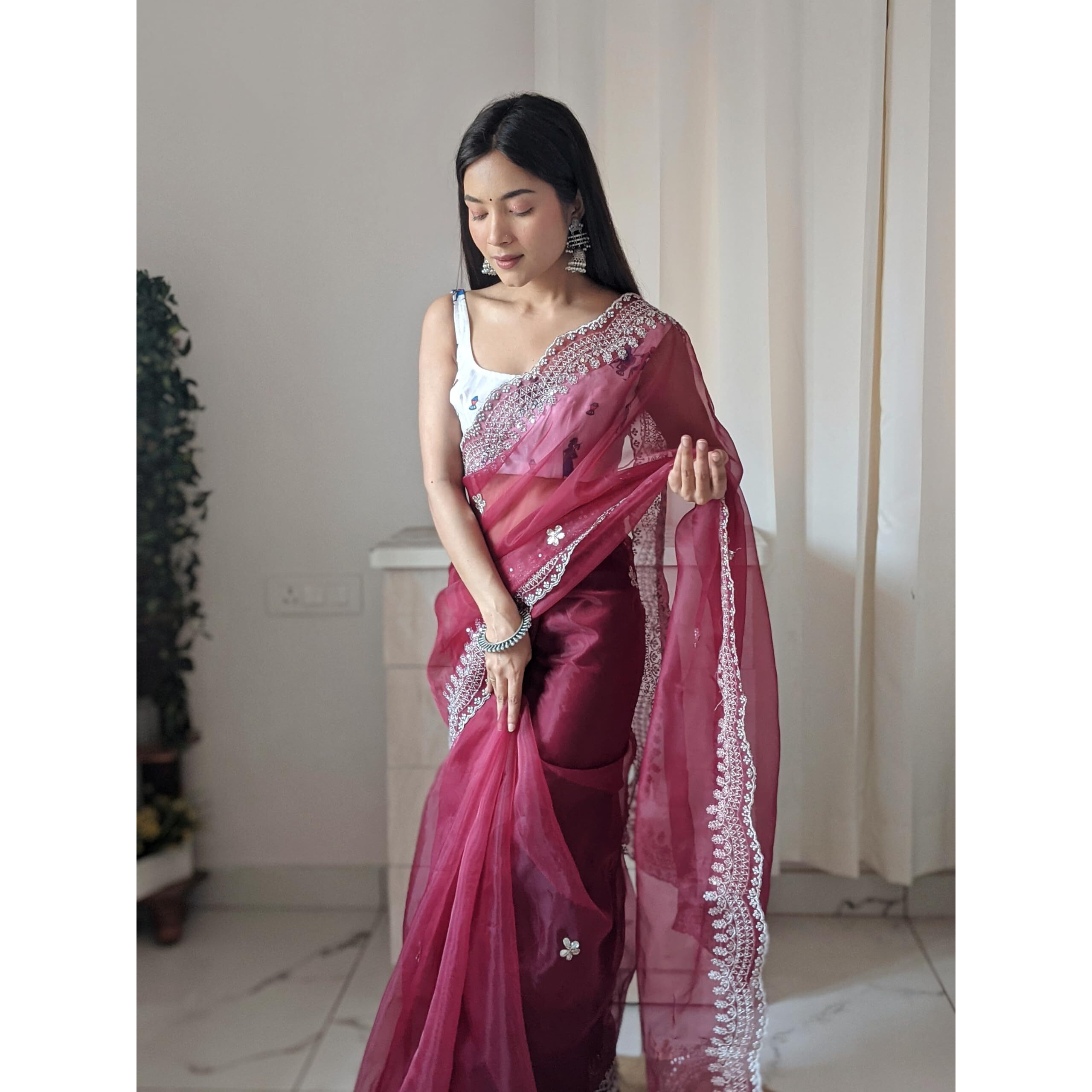 Flosive Women's Attractive Colour Organza Saree Handwork With Blouse (MAROON)