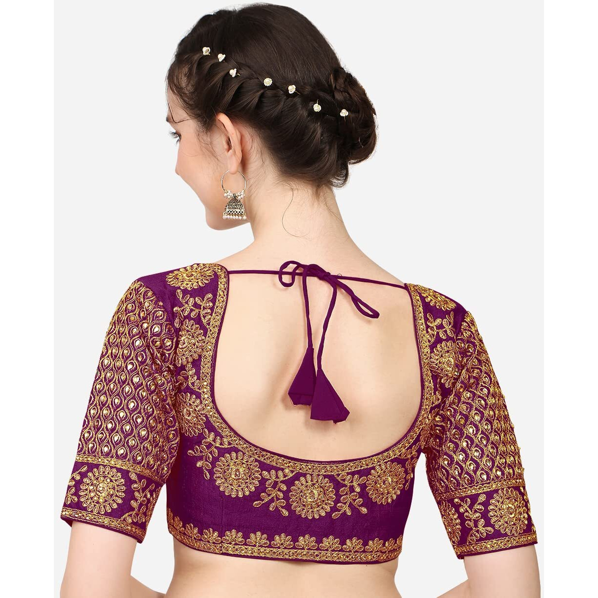 Vihu Fashion Women's Silk Floral Half Sleeve Blouse (Mayur pankh_Violet_38)