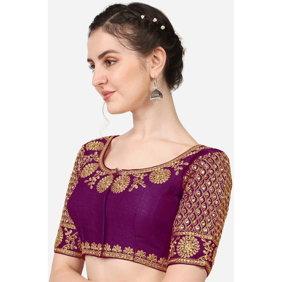 Vihu Fashion Women's Silk Floral Half Sleeve Blouse (Mayur pankh_Violet_38)