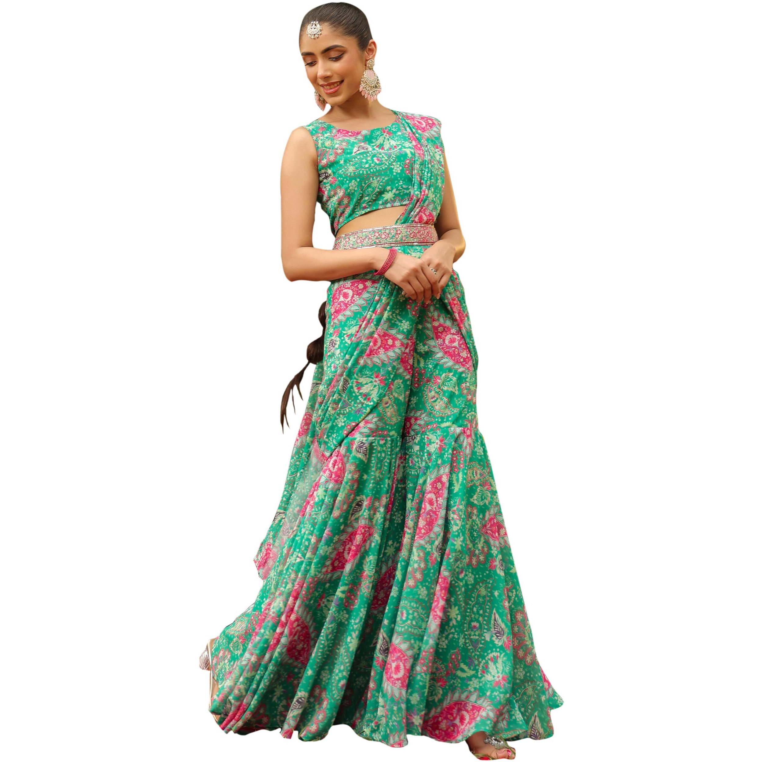 Janasya Women's Green Georgette Floral Printed Ready To Wear Sharara Saree (JAB24SR00582-A-XL)