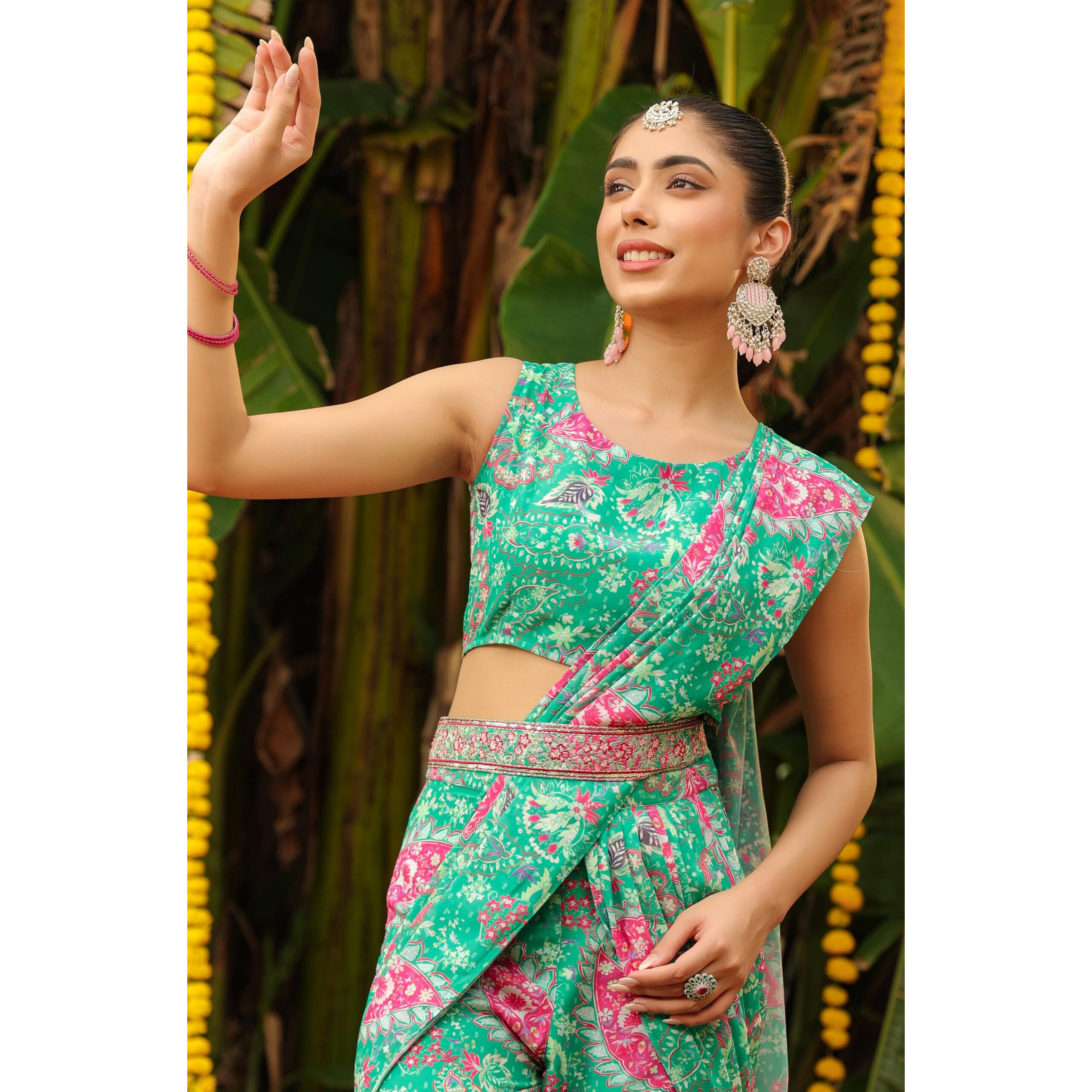 Janasya Women's Green Georgette Floral Printed Ready To Wear Sharara Saree (JAB24SR00582-A-XL)
