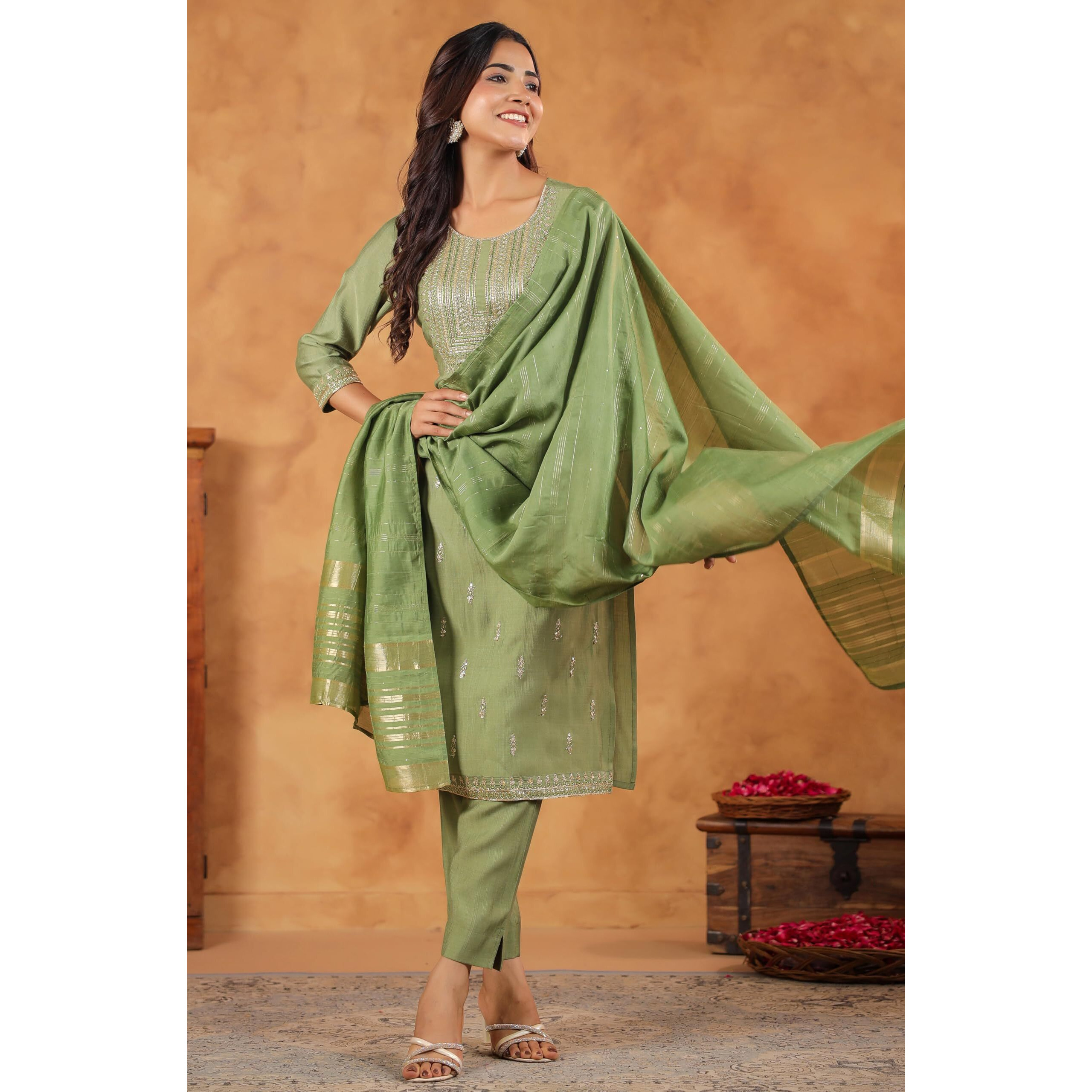 Janasya Women's Sage Green Silk Blend Embroidered Straight Kurta Set (JAB24ST00681-XXL)