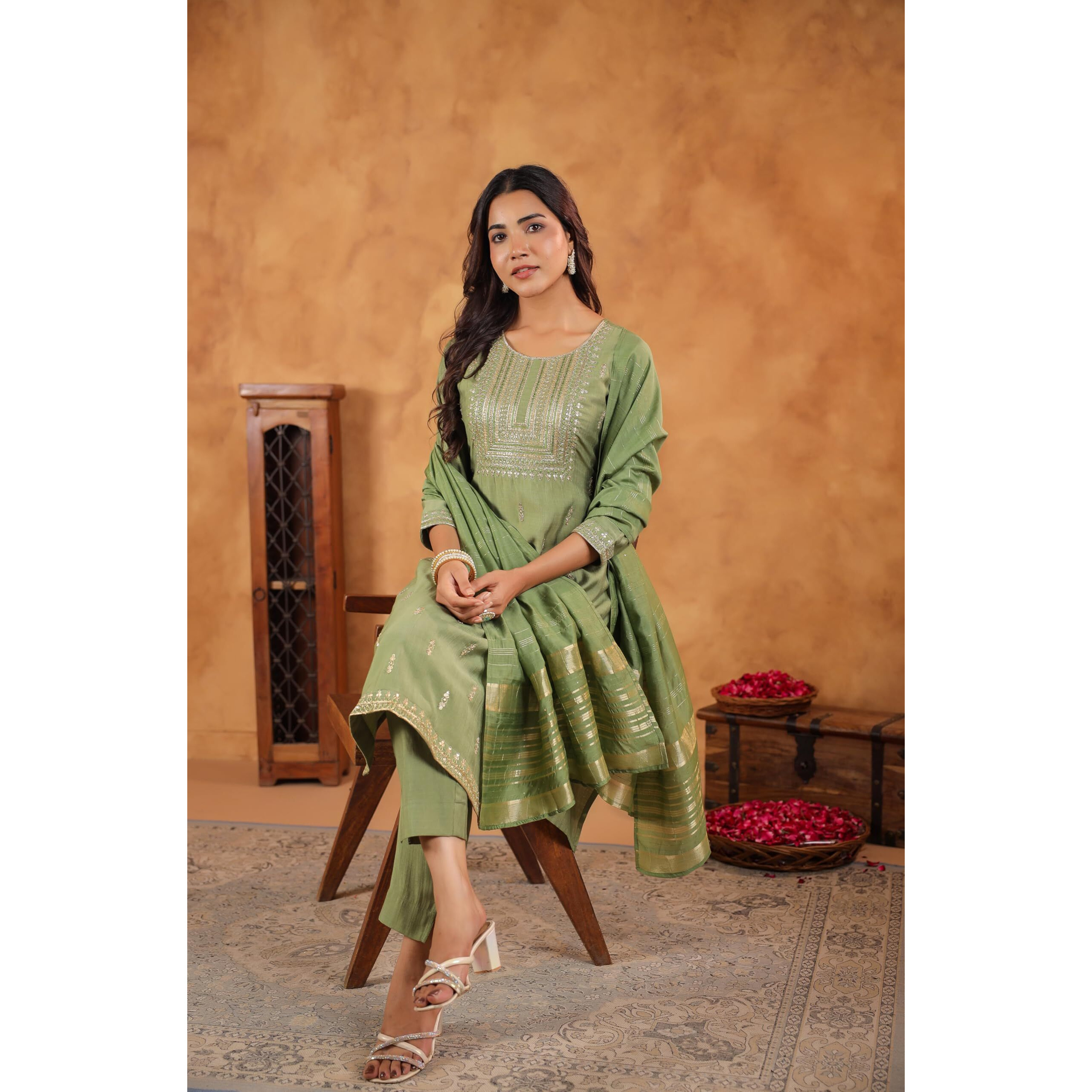 Janasya Women's Sage Green Silk Blend Embroidered Straight Kurta Set (JAB24ST00681-XXL)