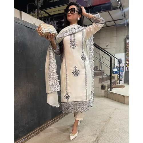 ANNI DESIGNER Women's Rayon Blend Straight Embroidered Kurta with Pant & Dupatta (TRP Off-White-NM_4XL_White_XXXX-Large)