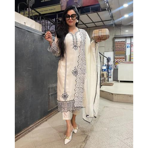 ANNI DESIGNER Women's Rayon Blend Straight Embroidered Kurta with Pant & Dupatta (TRP Off-White-NM_4XL_White_XXXX-Large)