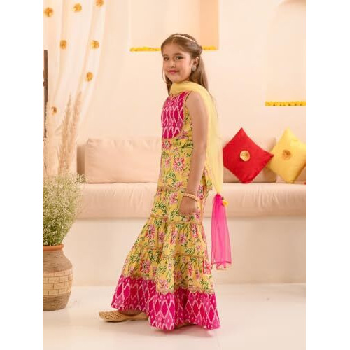 Pspeaches Girls Floral Printed Pure Cotton Kurta With Sharara With Dupatta