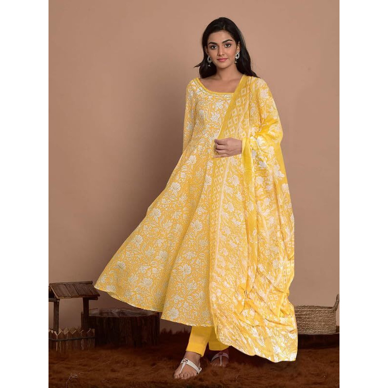 Pinkmint Women Cotton Blend Anarkali Floral Printed Kurta with Pant & Dupatta Yellow