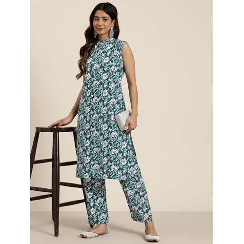 Shiv Textiles Cotton Printed Kurta Set For Women.(KP-209-Blue-L)