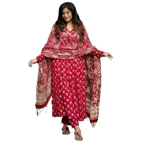 ANNI DESIGNER Women's Rayon Blend Anarkali Printed Kurta with Pant & Dupatta (OOH Red_M_Red_Medium)