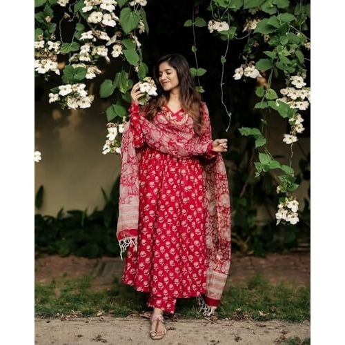 ANNI DESIGNER Women's Rayon Blend Anarkali Printed Kurta with Pant & Dupatta (OOH Red_M_Red_Medium)