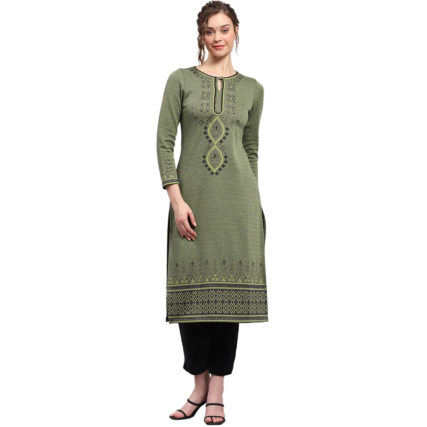 Monte Carlo Womens Self Design Green Round Neck 3/4th Sleeve Kurti (1243465KI-1-38)