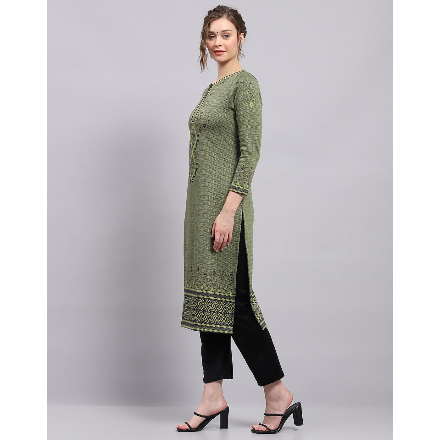 Monte Carlo Womens Self Design Green Round Neck 3/4th Sleeve Kurti (1243465KI-1-38)