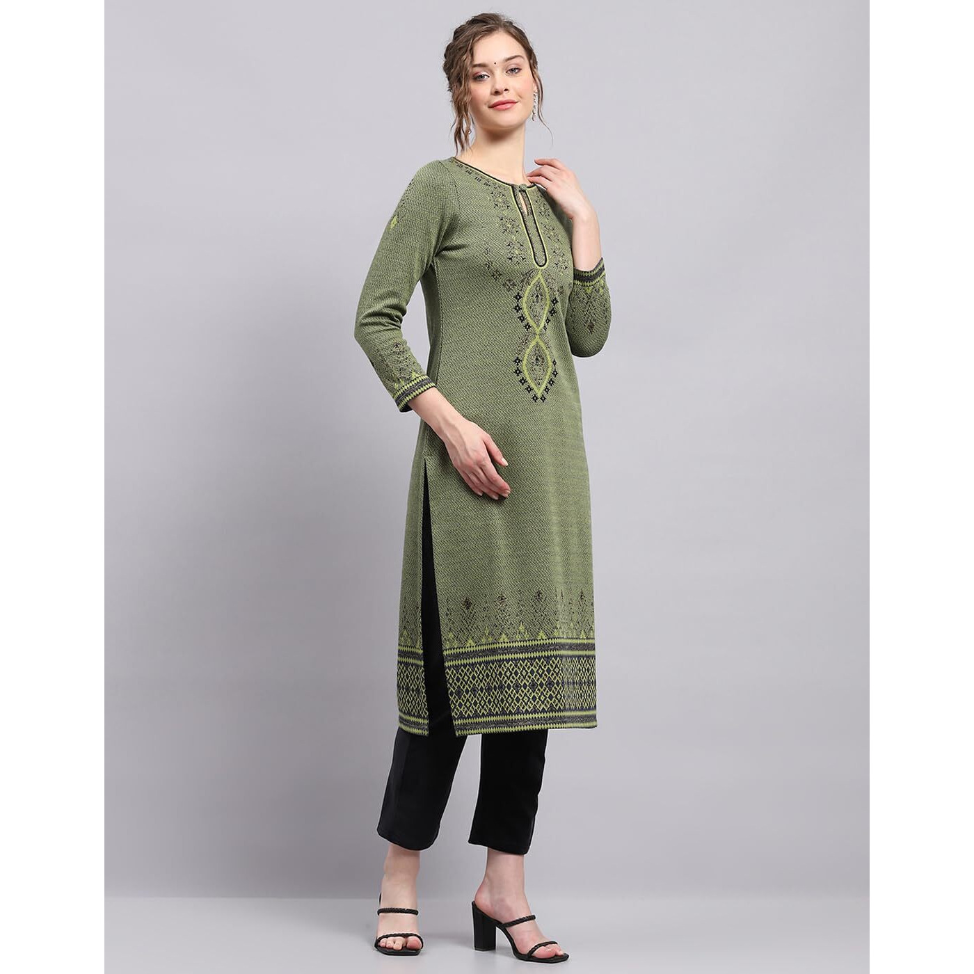 Monte Carlo Womens Self Design Green Round Neck 3/4th Sleeve Kurti (1243465KI-1-38)