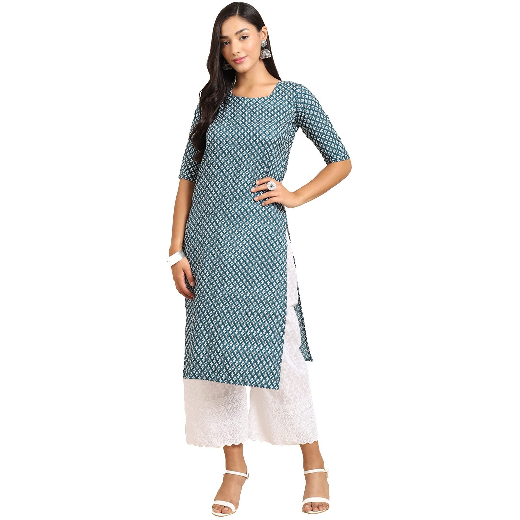 Pinkmint Women's Crepe Turqouise Color Floral Printed Straight Kurti (RI-530351-XXL)