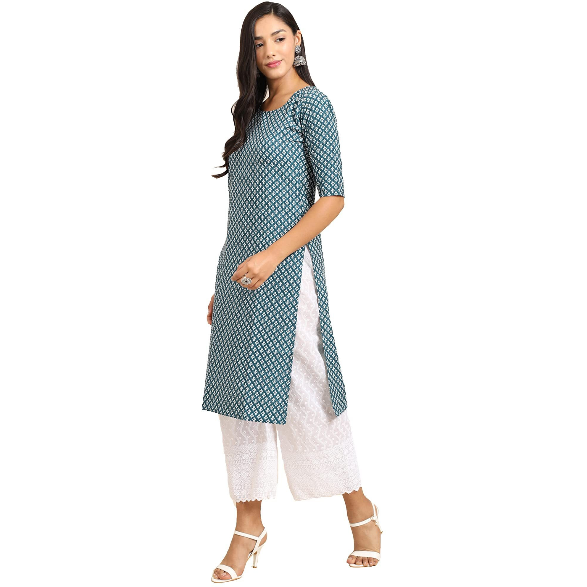 Pinkmint Women's Crepe Turqouise Color Floral Printed Straight Kurti (RI-530351-XXL)