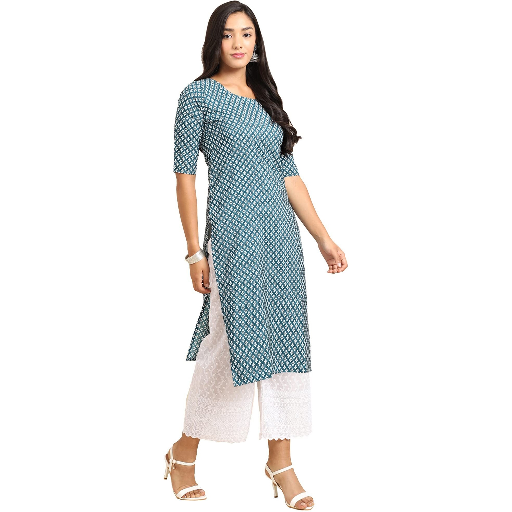 Pinkmint Women's Crepe Turqouise Color Floral Printed Straight Kurti (RI-530351-XXL)