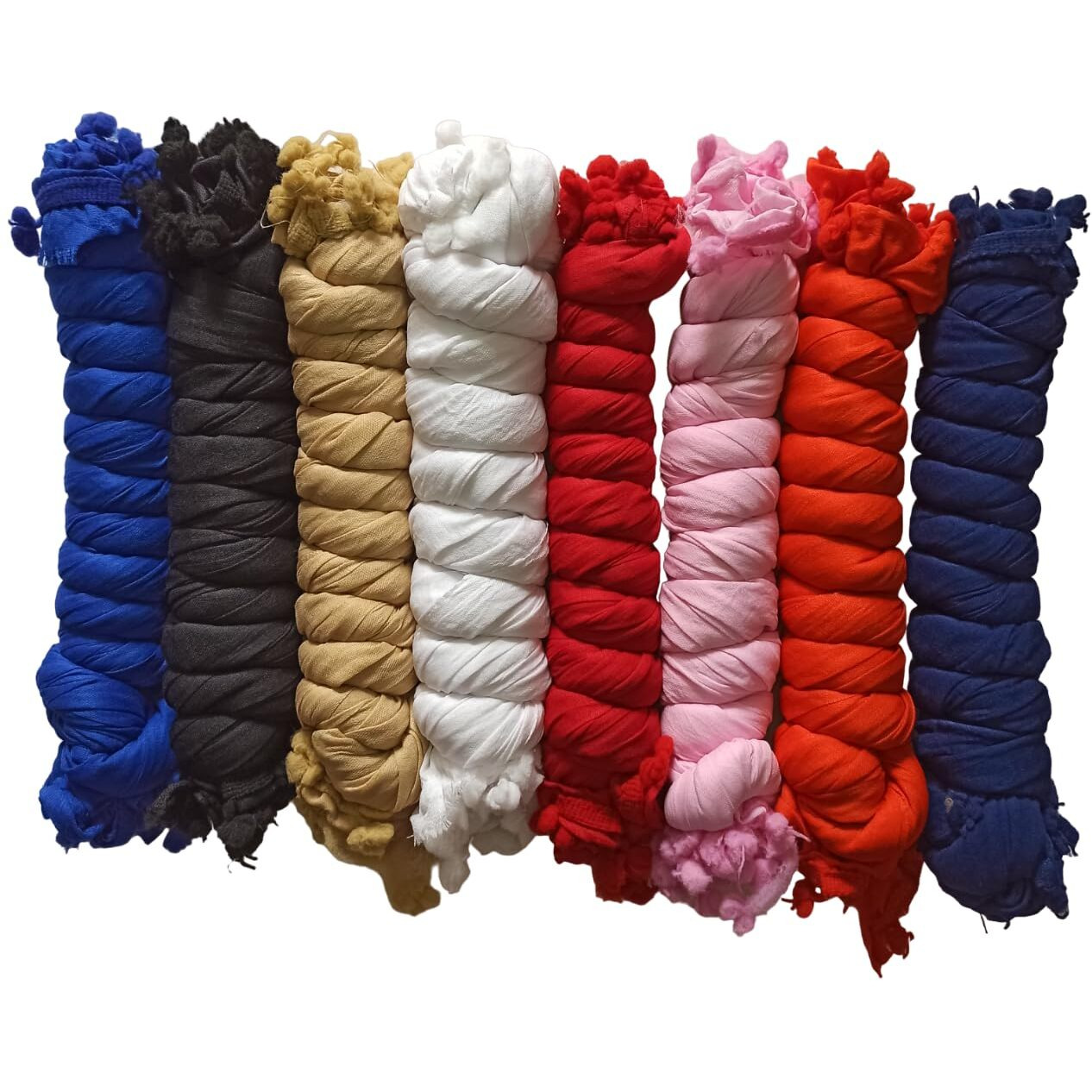 Nakoda Creation Cotton Blend Solid Dupatta For Women,Pack Of 8_Pompom Pack Of 8_1 No. Design,Multi
