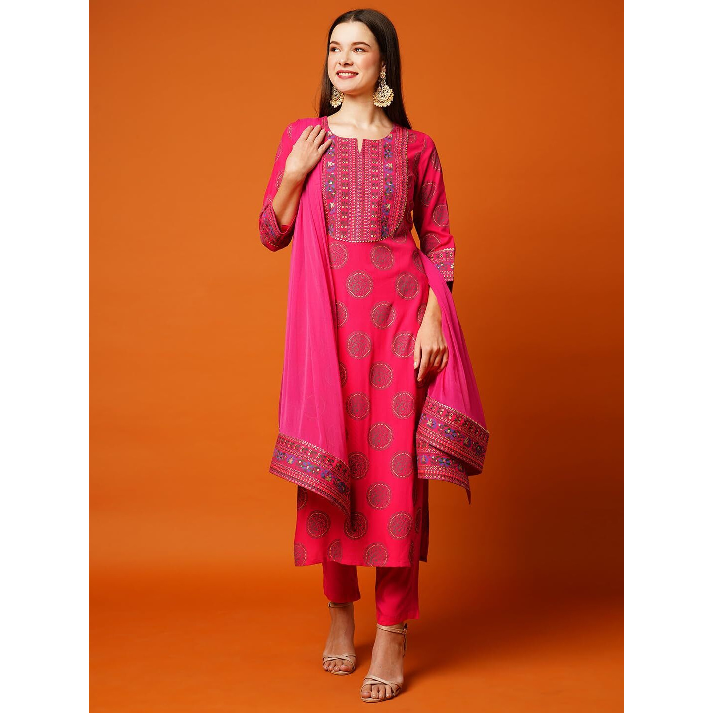 GoSriKi Women's Cotton Blend Printed Straight Kurta with Pant & Dupatta (NOV-Pink-Nw-GS_3XL_Pink_XXX-Large)